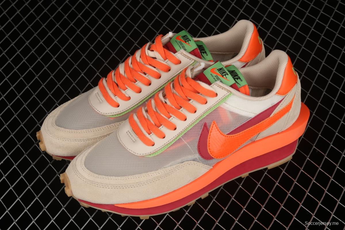 CLOT x Sacai x NIKE LDWaffle Net Orange Blaze joint overlapping design avant-garde waffle deformation rice orange color match casual jogging shoes DH1347-100