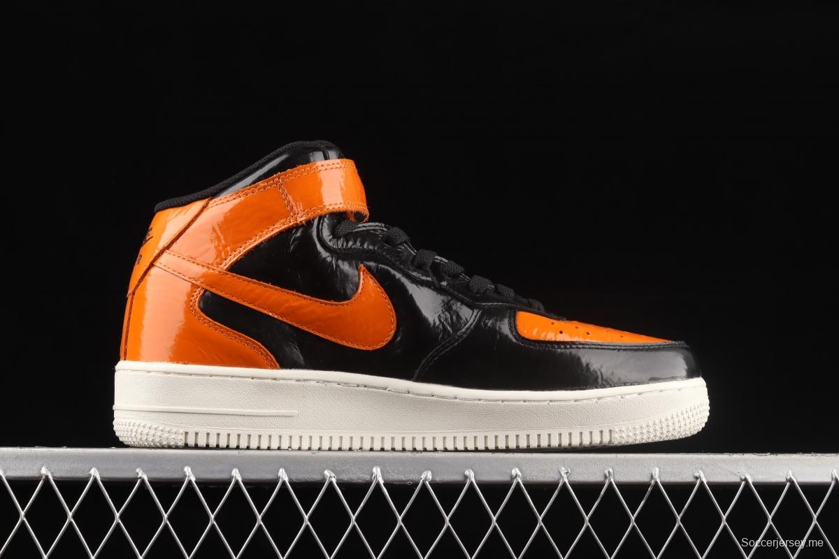 NIKE Air Force 1o07 Mid lacquered leather black orange color counterhook Zhongbang casual board shoes 804609-188