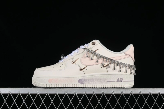 Nike Air Force 1 '07 Low Casual Sneakers in Romantic Pink-Purple with Diamond Chain Accessories - FV1122-333