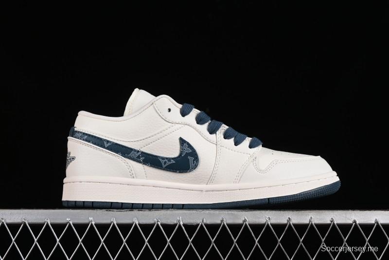 Nike Air Jordan 1 Low LV Collaboration - White with Blue Swoosh Custom Casual Sneakers - WG8850-005