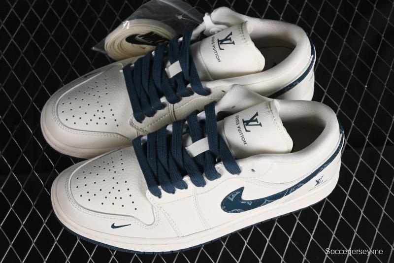 Nike Air Jordan 1 Low LV Collaboration - White with Blue Swoosh Custom Casual Sneakers - WG8850-005