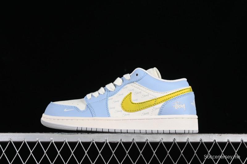 Nike Air Jordan 1 Low Stussy Collaboration - Blue Gold Custom High-End Basketball Shoes - WG8850-007