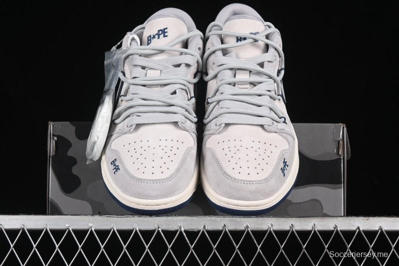 Nike Air Jordan 1 Low AJ1 Bape Collaboration - Grey Blue Retro Basketball Shoes with Custom Laces - SJ9950-019