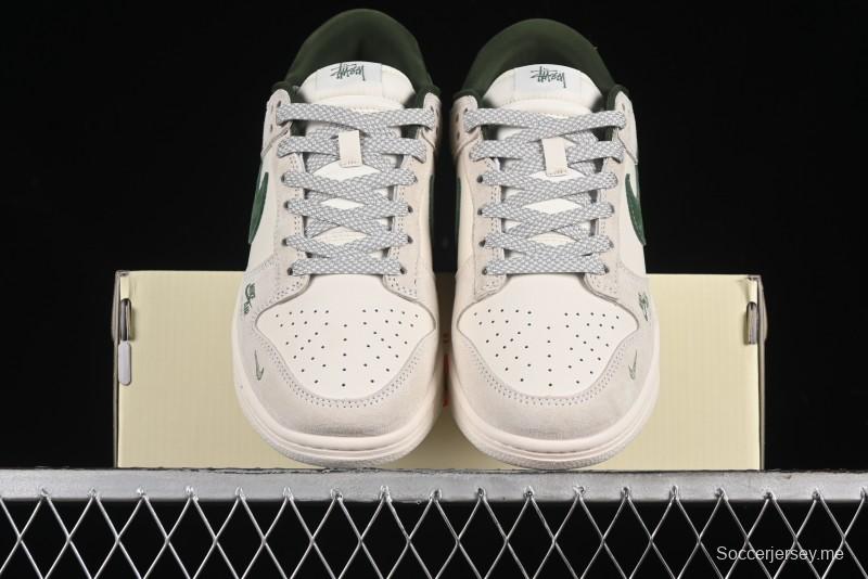 Nike SB Dunk Low Supreme x Stussy Triple Collaboration - Off White Green Swoosh Anniversary Custom Low-Top Casual Sneakers - SJ2068-303