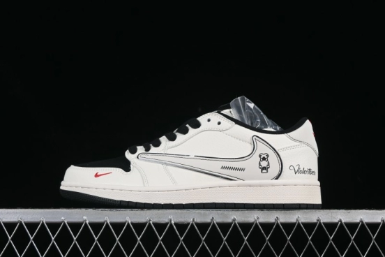 Nike Travis Scott x Fragment Design x Air Jordan 1 Low OG SP Cartoon Beige Black Low-top Casual Sneakers - XS7089-526