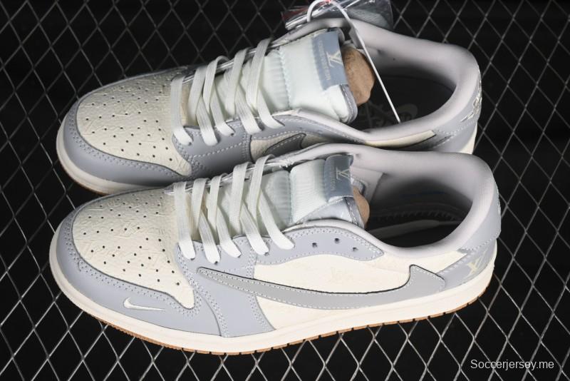 حذاء نايك ترافيس سكوت x Fragment Design x Air Jordan 1 OG Low OG SP AJ1 LV Collaboration باللون الرمادي الأبيض والصمغ - XS2024-057
