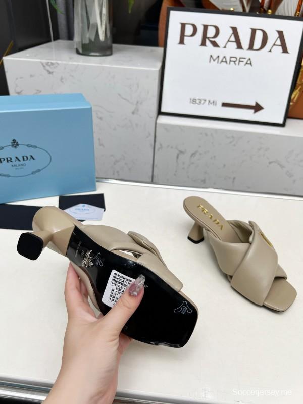 2025 Women Prada Beige Leather High Heel Sandals