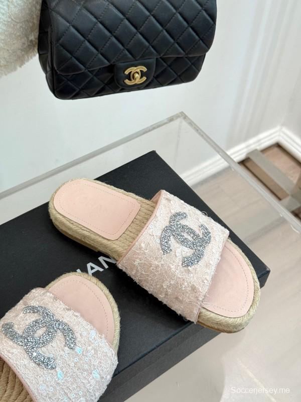 2025 Women Chanel Pink Tweed Espadrille Slide Sandals Handmade Craft KFY00240 (F)