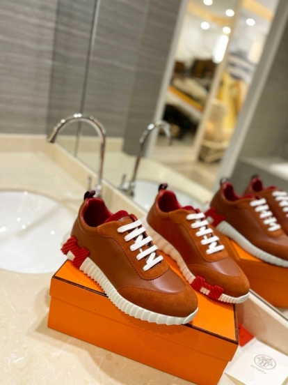 2024 Unisex Hermès Brown Red Imported Sheepskin Suede Silk Leather Casual Sneakers MJ00320