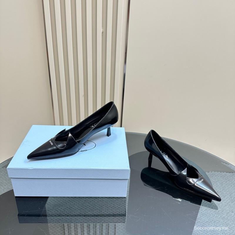 2025 Women Prada Black Leather Heels KFY00310