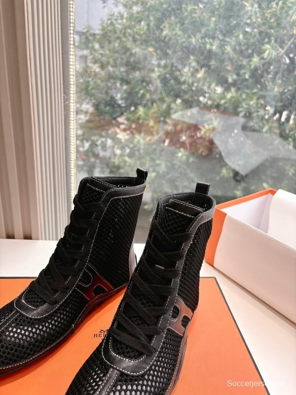 2025 Women Hermès Black Mesh Leather Boots