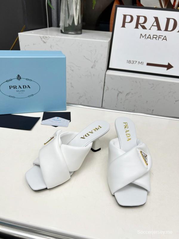 2025 Women Prada White Calf Leather Heeled Slide LY00270