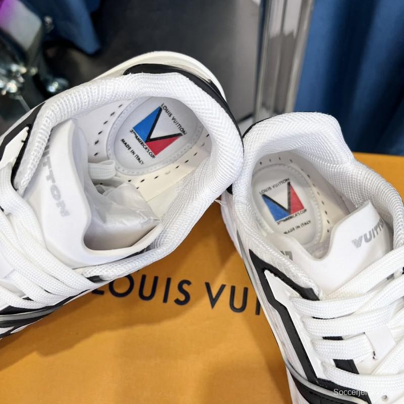 2025 Unisex Louis Vuitton White Black Calf Leather Sneakers LV Trainer