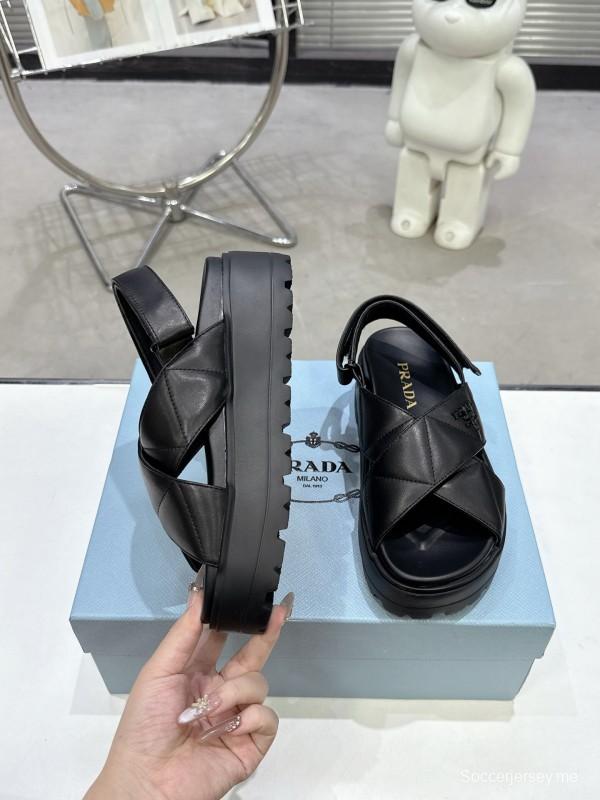 2025 Women Prada Black Leather Sandals