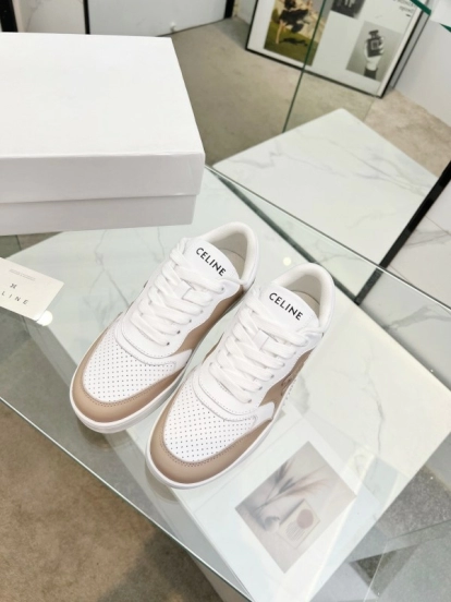 2025 Women Celine White Beige Leather Sneakers BLOCK TRIOMPHE KFY00260
