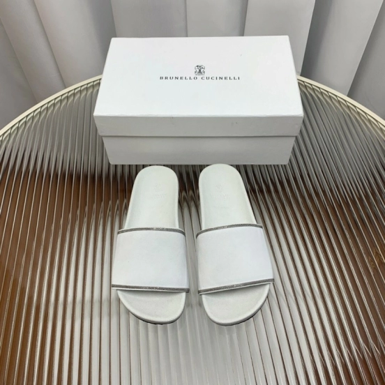 2025 Unisex Brunello Cucinelli White Imported Suede Flat Slide Sandals Handmade Beaded Chain Inlay KFY00240