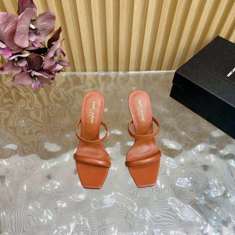 2025 Women Yves Saint Laurent Brown Leather High Heel Sandals Metal Logo MJ00310