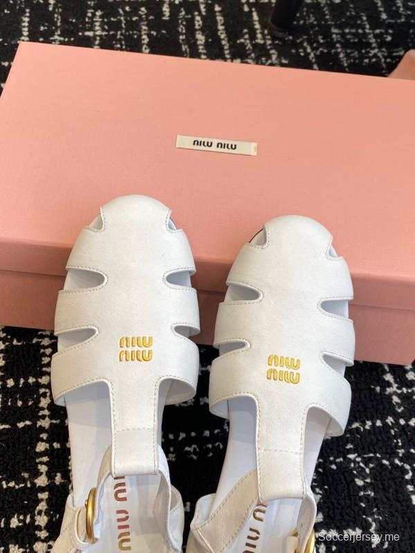 2025 Women Miu Miu White Calf Leather Flat Sandals