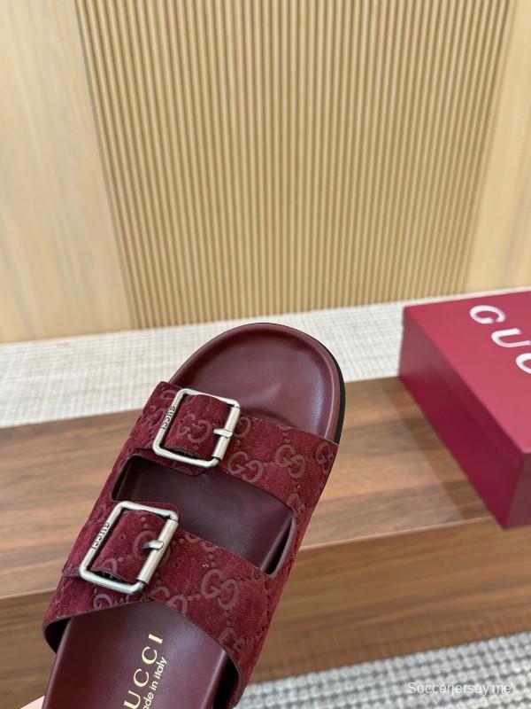2025 Women Gucci Red Suede Leather Sandals Double Buckle LY00260