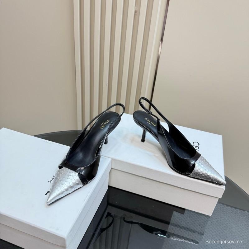 2025 Women CELINE Black White Leather Slingback Heels KFY00310