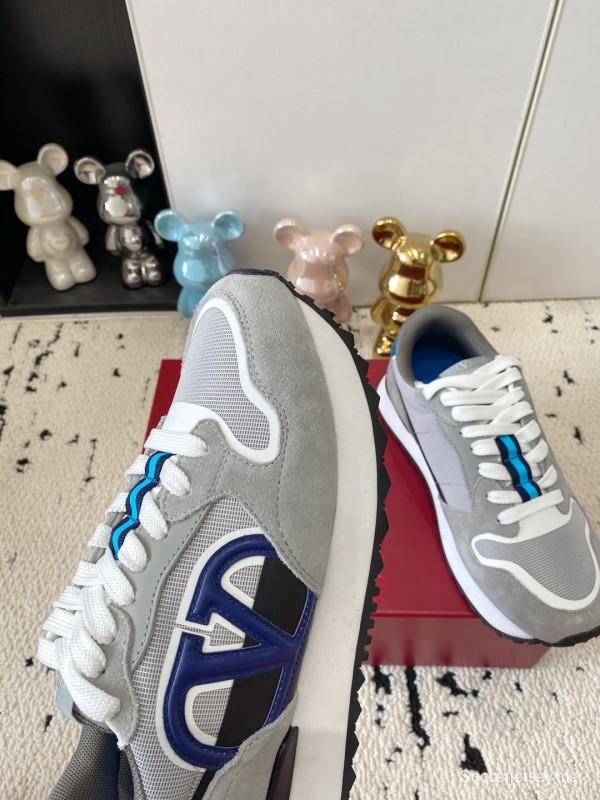 2025 Unisex Valentino Grey Blue White Leather Silk Glossy Running Sneakers LY00340