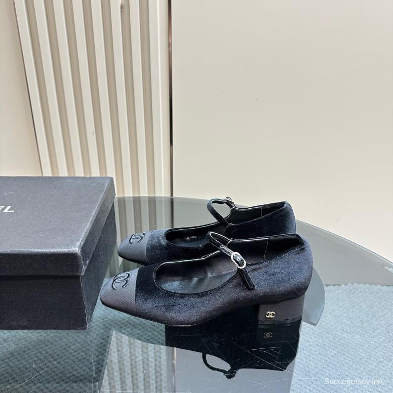 2025 Women Chanel Black Velvet Leather Mary Jane