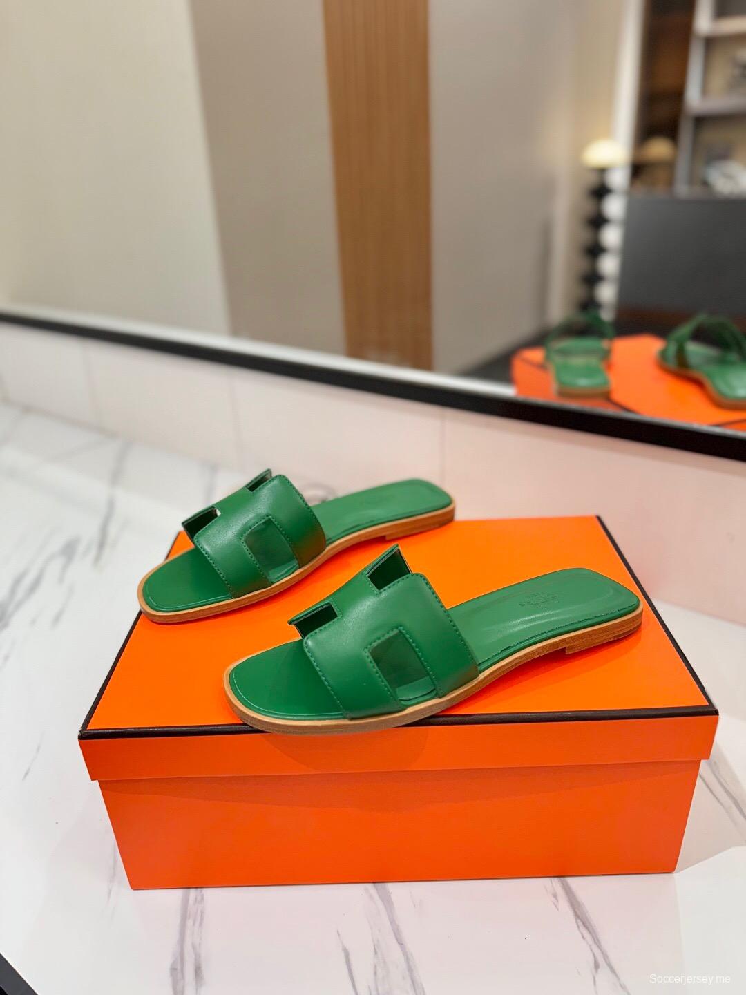2025 Women Hermès Green Leather Slippers
