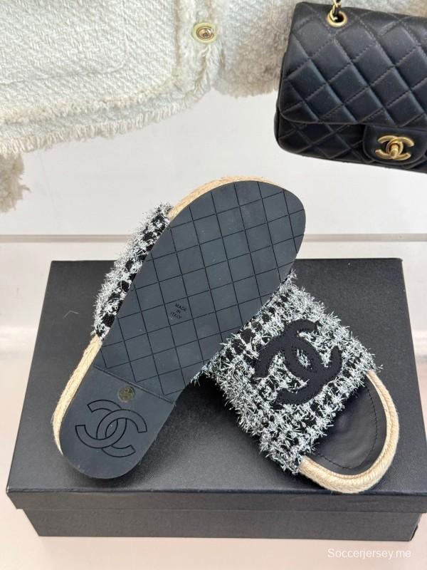 2025 Slippers Chanel Black White Tweed Espadrille Handcrafted KFY00230