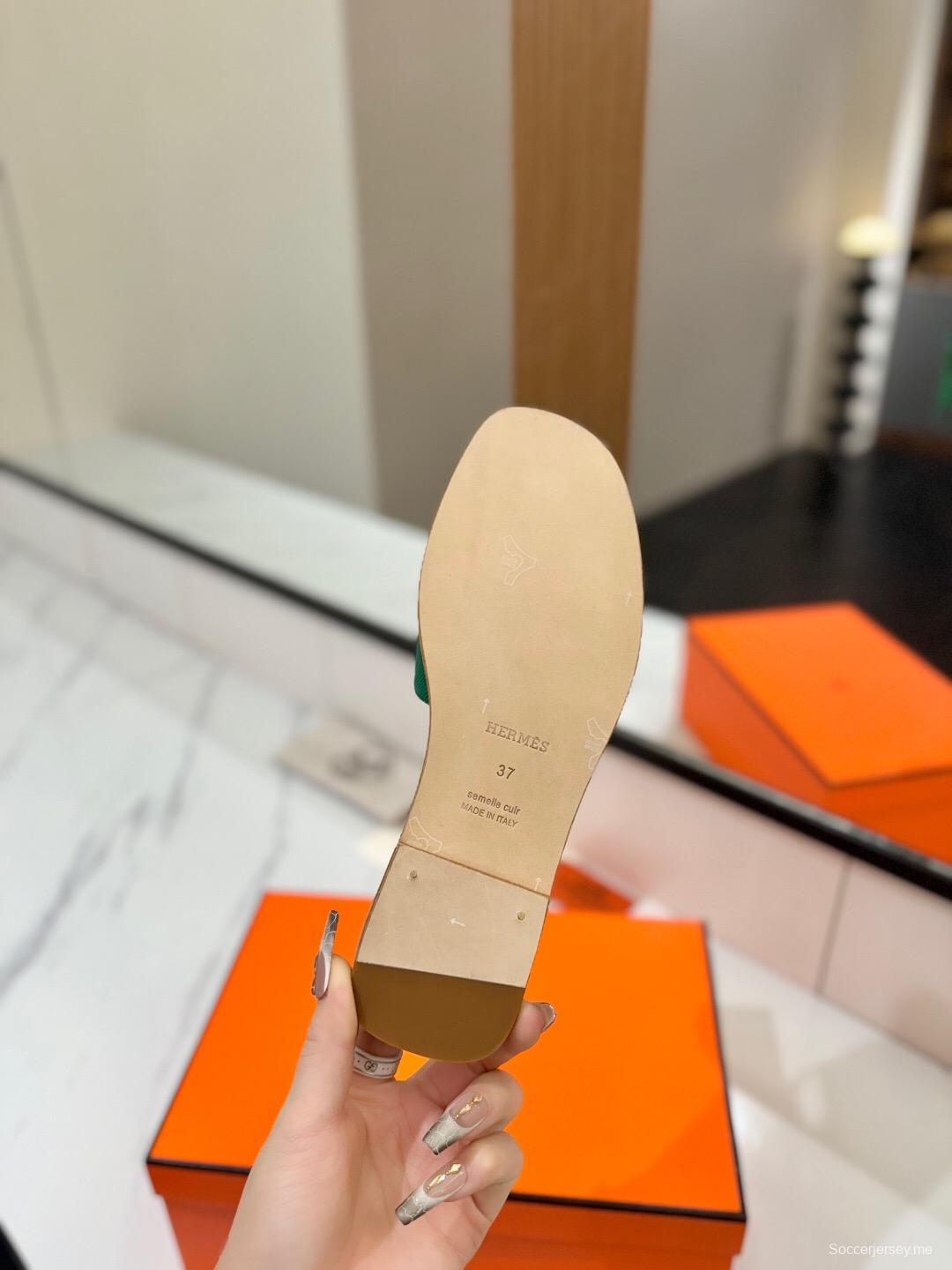 2025 Women Hermès Green Leather Slippers