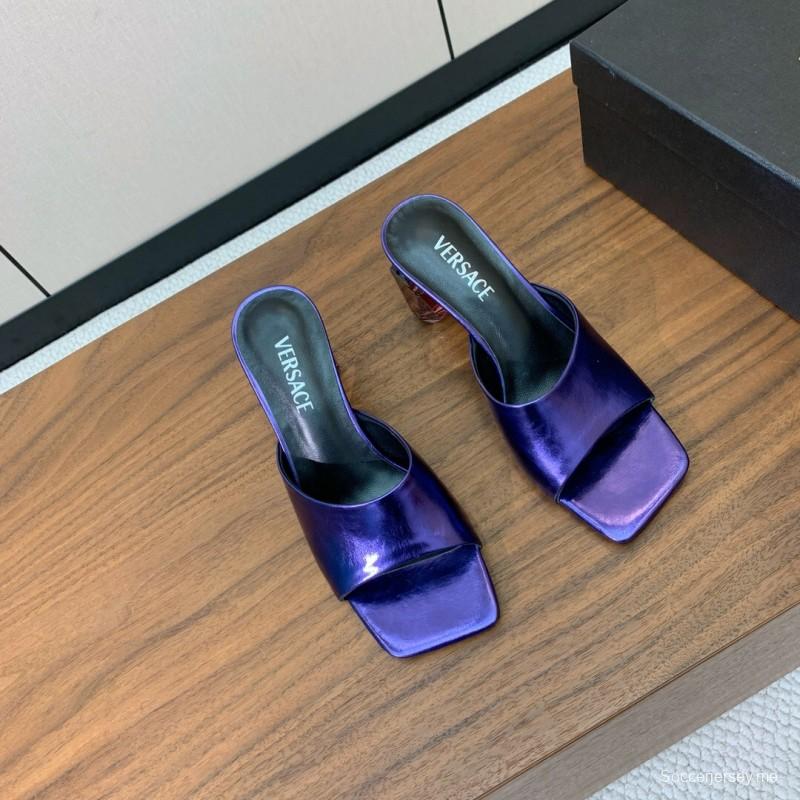 2025 Women VERSACE Purple Leather Slippers