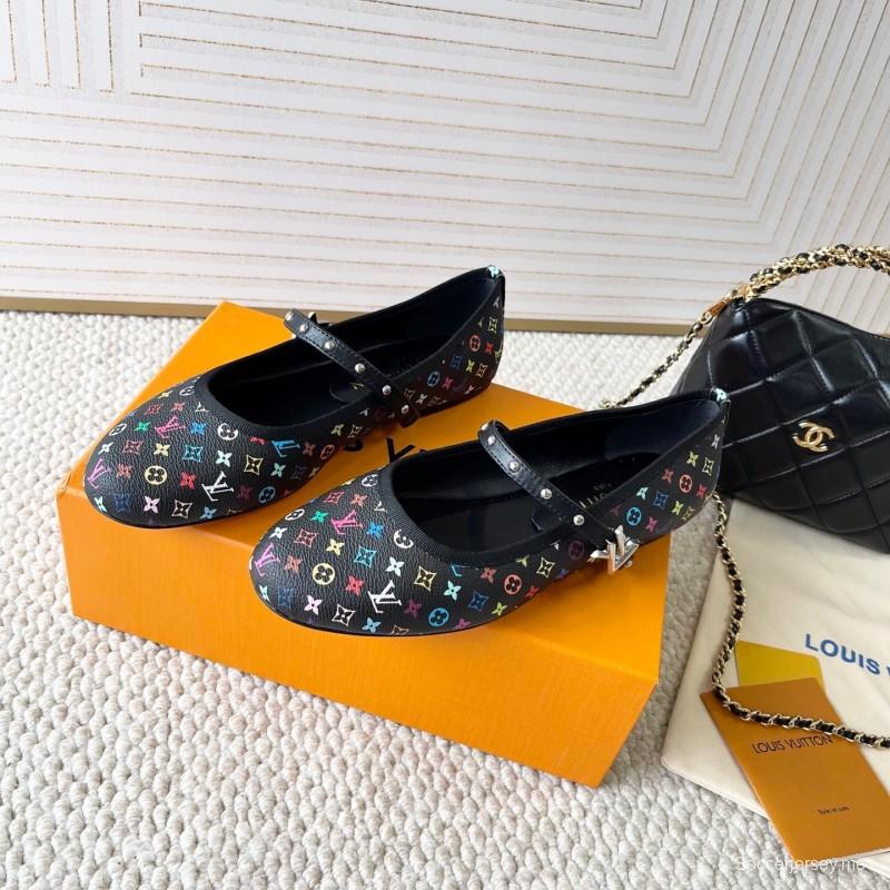 2025 Women Louis Vuitton Black Multicolor Leather Ballet Flats KFY00300