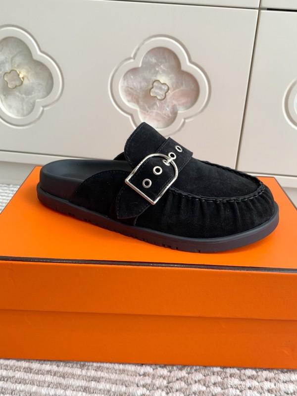 2025 Women Hermès Black Suede Mule Shoes Buckle KFY00290