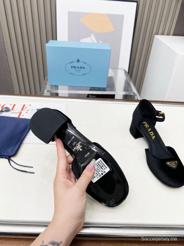 2025 Women Prada Black Velvet Mary Jane Block Heel KFY00270