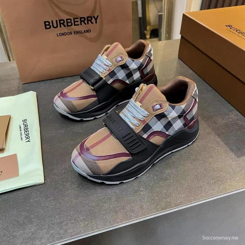 2025 Unisex Burberry Beige Black White Cotton Calfskin Suede Sneakers Vintage Pattern MJ00360(F)