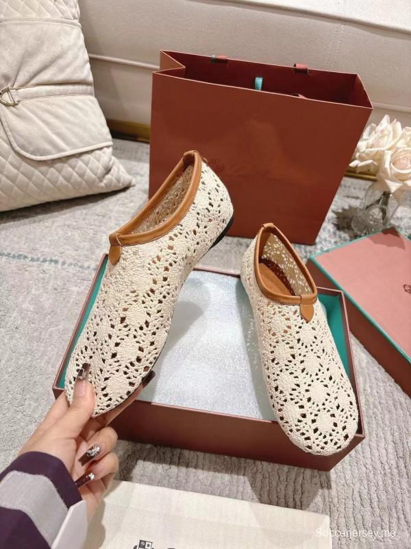 2025 Women LP Beige Brown Leather Crochet Ballet Flats