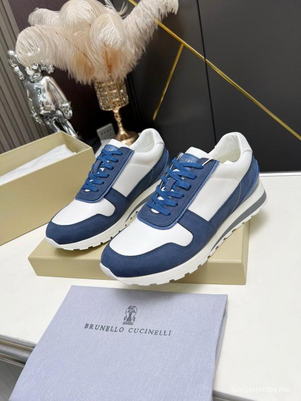 2024 Men Brunello Cucinelli Blue White Suede Calfskin Sneakers MJ00360