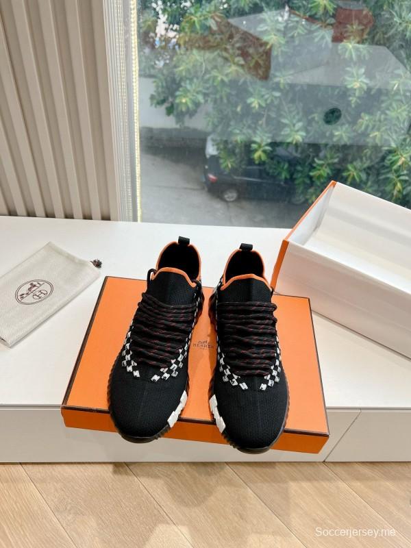 2024 Unisex Hermès Black Orange Calf Suede Knit Sneakers MJ00290(W/M)