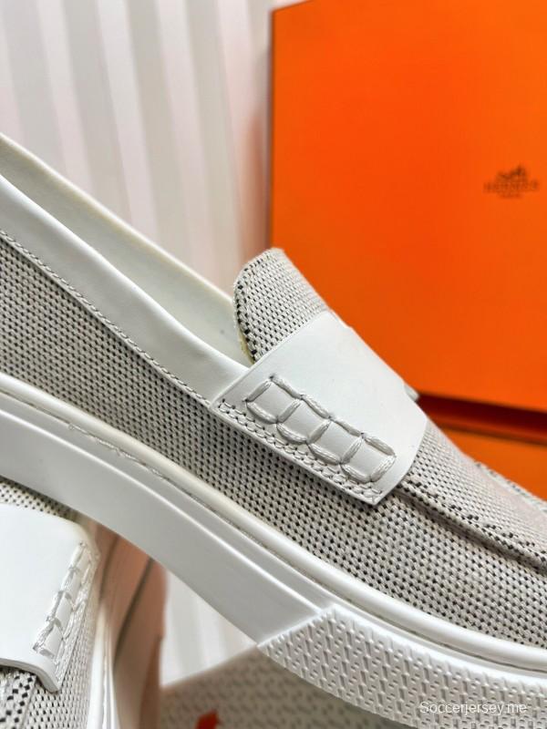 2025 Women Hermès White Mesh Leather Casual Loafers LY00310