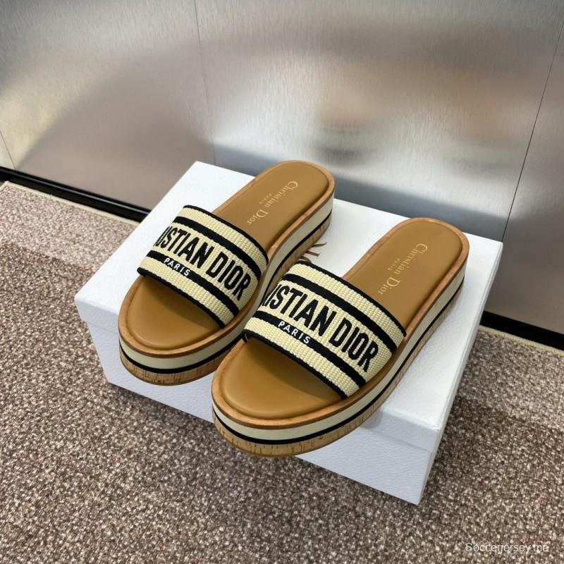 2025 Slippers Dior Beige Black Textile Platform Embroidery