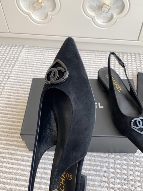 2025 Women Chanel Black Suede Slingback Heart Logo Flats KFY00300