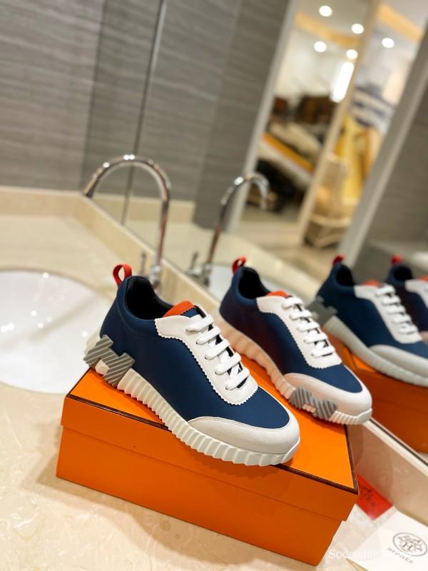 2024 Unisex Hermès Blue White Orange Imported Silk Lambskin Nubuck Sneakers MJ00320