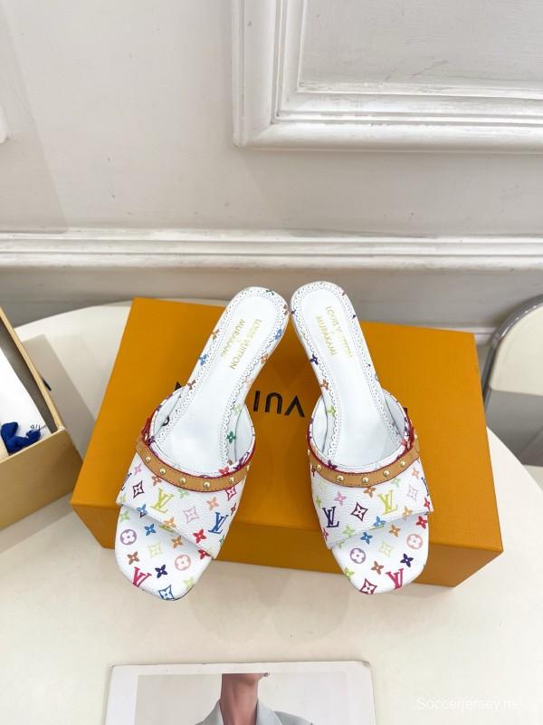 2025 Women Louis Vuitton White Rainbow Leather Slippers MJ00290