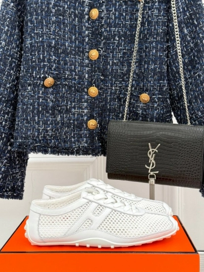 2025 Women Hermès White Mesh Leather Sneakers