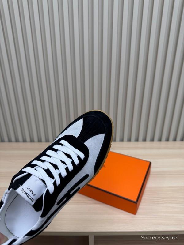 2025 Unisex Hermès Black White Suede Down Fabric Sneakers Top Version KFY00300