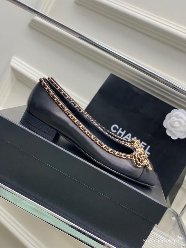 2025 Women Chanel Black Gold Leather Ballet Flats