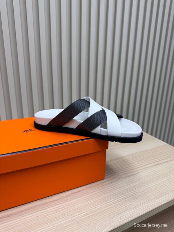 2025 Men Hermès White Black Leather Slippers