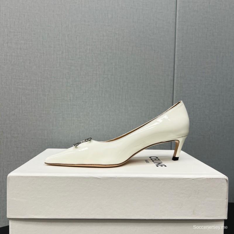 2025 Women Celine White Leather Pointed Toe Kitten Heel KFY00290