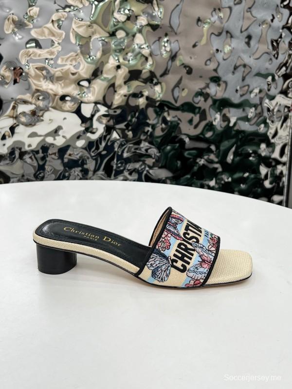 2025 Women Dior Black Beige Embroidery Mid Heel Slippers