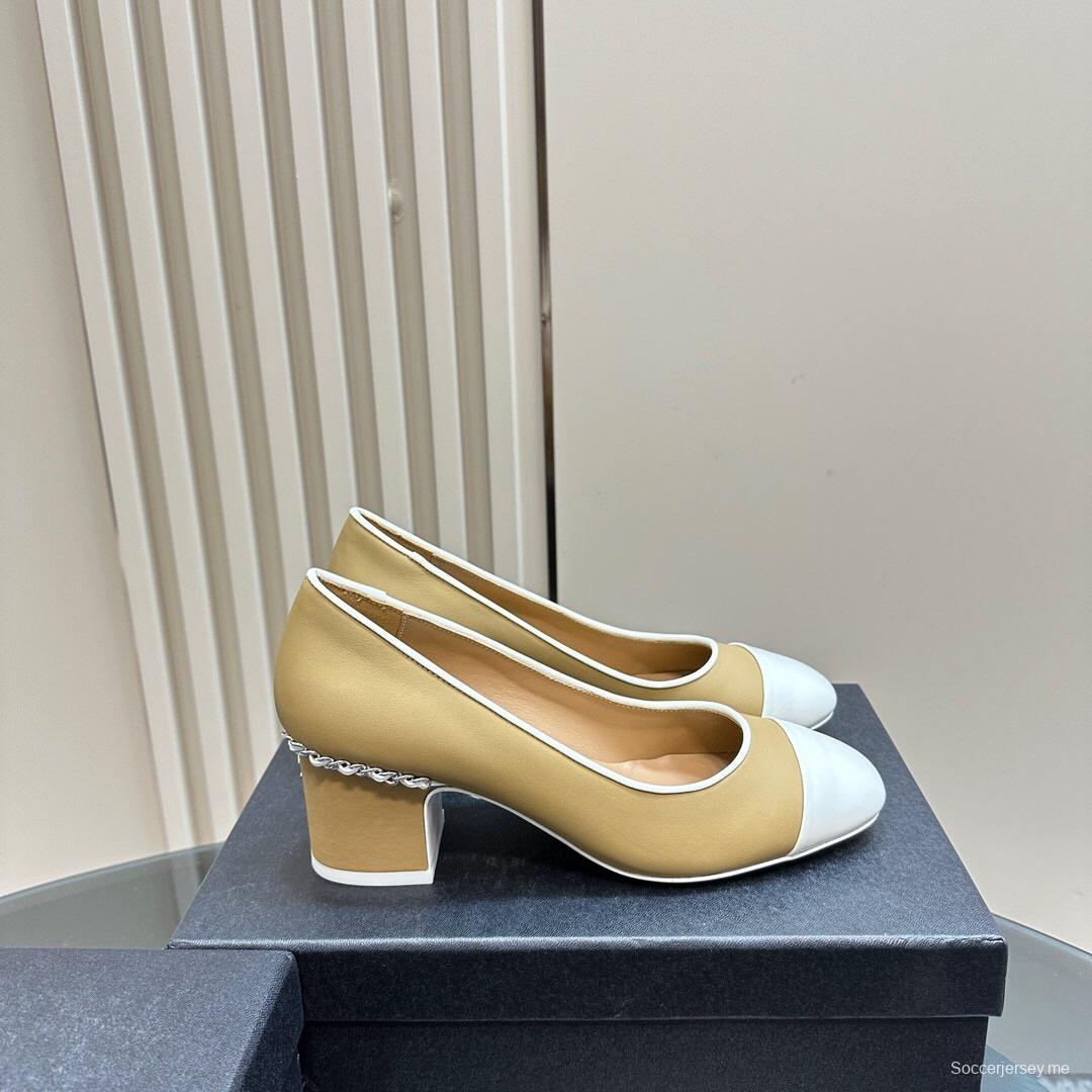 2025 Women Chanel Beige White Leather Pumps Chain Detail