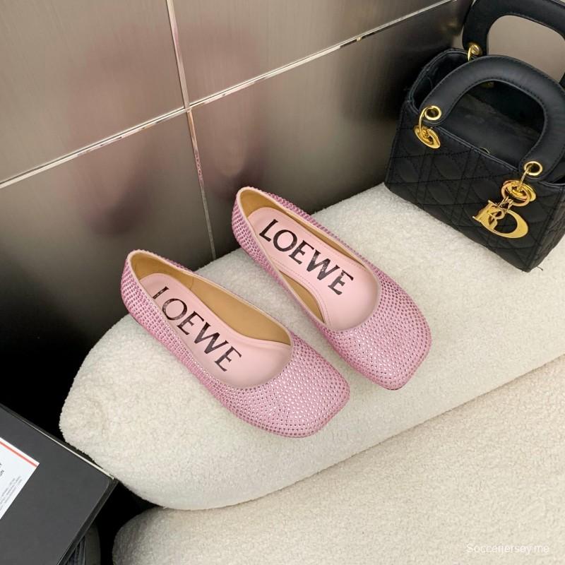 2025 Women Loewe Pink Lambskin Rhinestone Ballet Flats LY00291